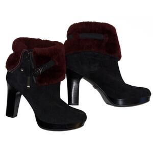 UGG Australia Womens Size 9 Scarlett Black Red Suede Sherpa Cuff High Heel Boots